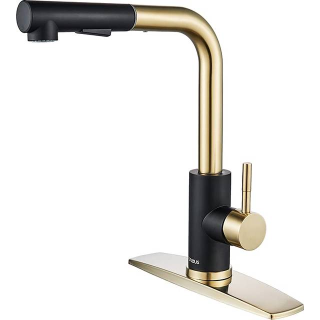 FORIOUS Kitchen Sink Faucet with Sprayer, Kitchen Faucet with Pull Down Sprayer Gold Black, Single Handle Kitchen Faucets with Deck Plate, Commercial