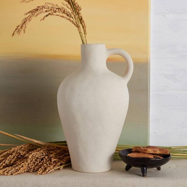 BlossoME Antique Ceramic White Vase for Home Decor Stoneware Jug for Room Centerpiece Rustic Farmhouse with Handle-Height 10