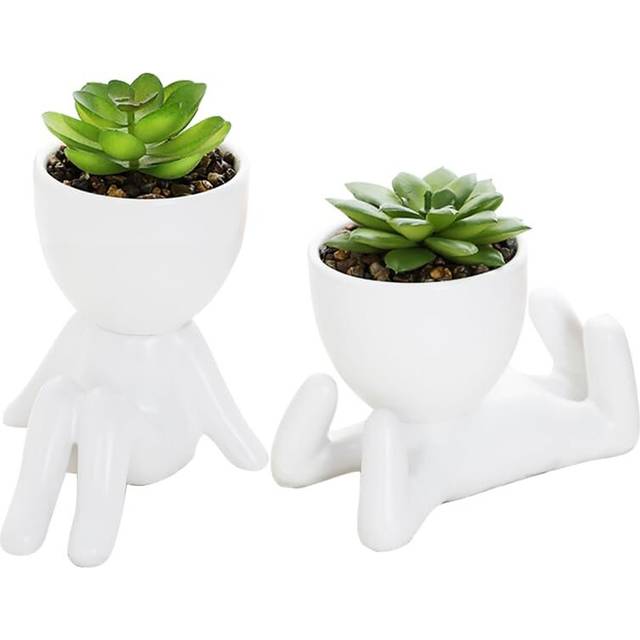 Fake Mini Succulents Plants Artificial in White Modern Human Shaped Ceramic Pots Cute Desk Decor Desk Plant,Fake Plants for Home Tabletop Office