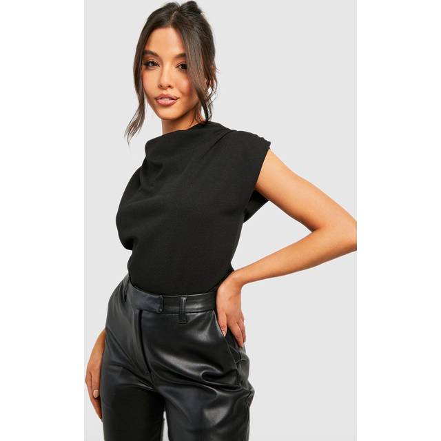 Womens Cowl Neck Crepe Shoulder Pad Blouse - Black - 12