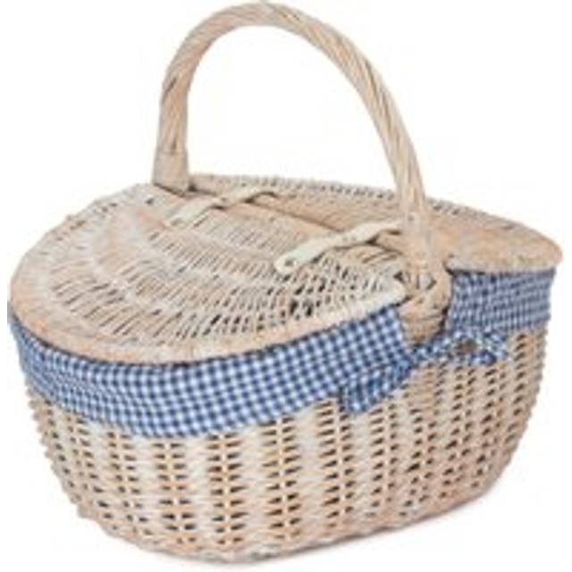 White Wash Finish Oval Wicker Picnic Basket - Blue Checked