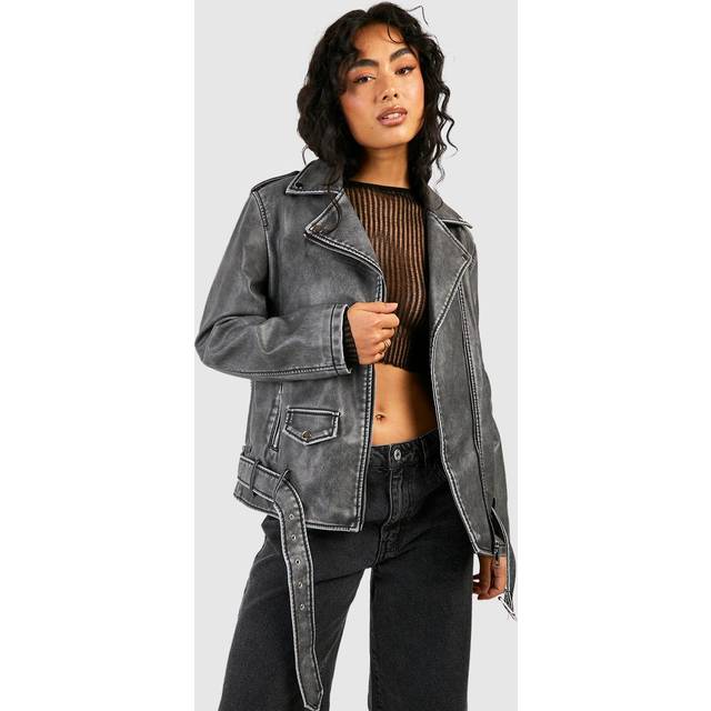 Womens Oversized Washed Faux Leather Biker Jacket - Black - S/M, Black