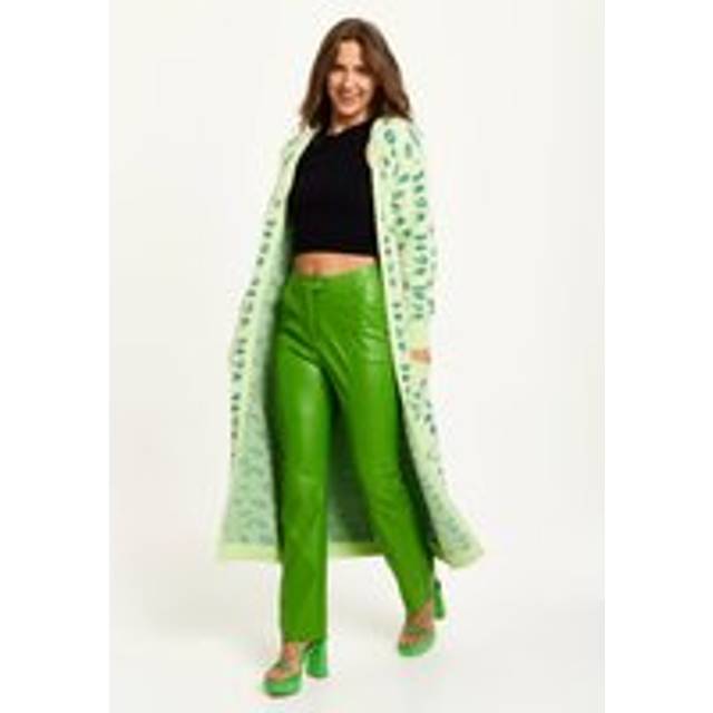 Womens Fluffy Longline Cardigan In Green Animal Print - L
