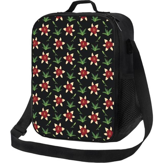 Kids Lunch Bag Lily Blooms And Buds, Colorful Floral Pattern, Black Background Insulated Tote Box for Girls Boys Back to School