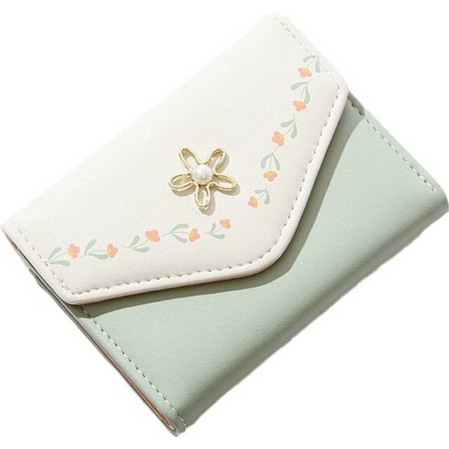 Girls Cute flowers Print Wallet, Small Tri-folded Aesthetic Wallet, PU Leather Purse Cash Pocket Card Holder ID Window Purse for Women(Green)