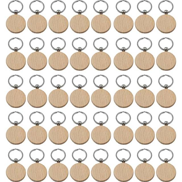 40Pcs Blank Round Wooden Key Chain Diy Wood Keychains Key Tags