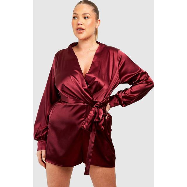 Womens Plus Satin Wrap Pleated Flippy Playsuit - Red - 18