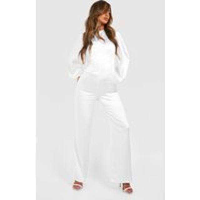 Womens Bridesmaid Satin Blouson Sleeve Jumpsuit - White - 14, White
