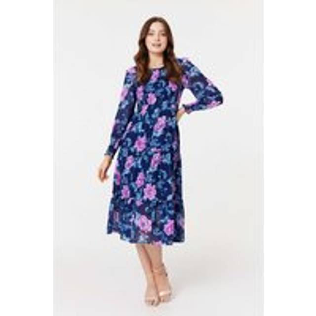 Floral Semi-Sheer Tiered Midi Dress - Navy - Size 16 - Izabel London