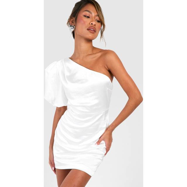 Womens Satin Puff Sleeve Asymmetric Mini Dress - White - 14, White