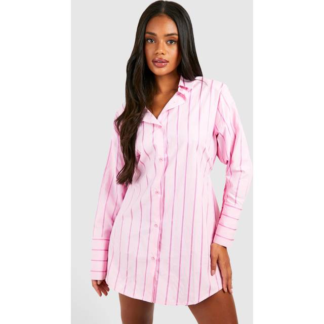 Womens Striped Cinched Waist Shirt Dress - Pink - 8