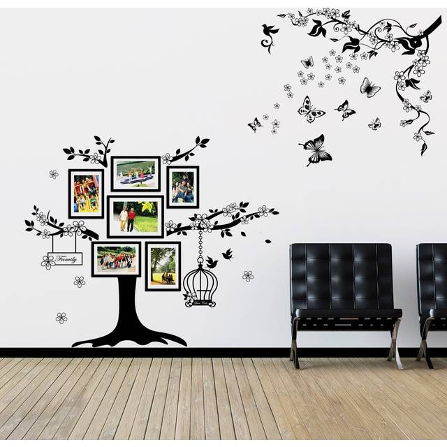 Photo Frame Birdcage Butterflies Vine Wall Sticker - Black (60cm H X 60cm W)