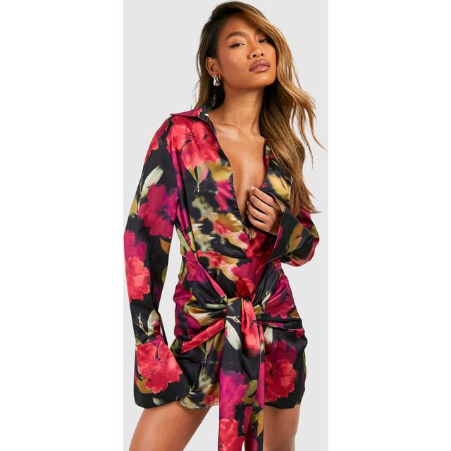 Womens Tie Front Floral Shirt Dress - Black - 12, Black