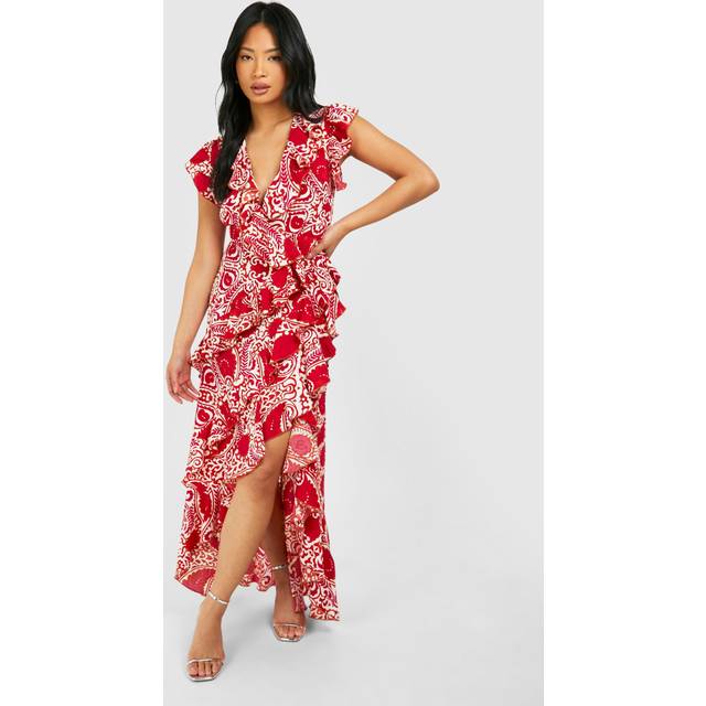 Womens Petite Tile Print Wrap Ruffle Maxi Dress - Orange - 6, Orange