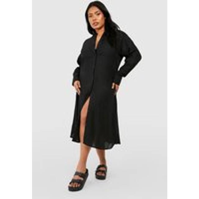 Womens Plus Linen Look Midi Shirt Dress - Black - 28