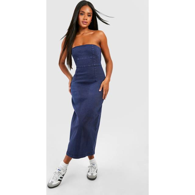 Womens Bandeau Column Denim Maxi Dress - Blue - 16, Blue