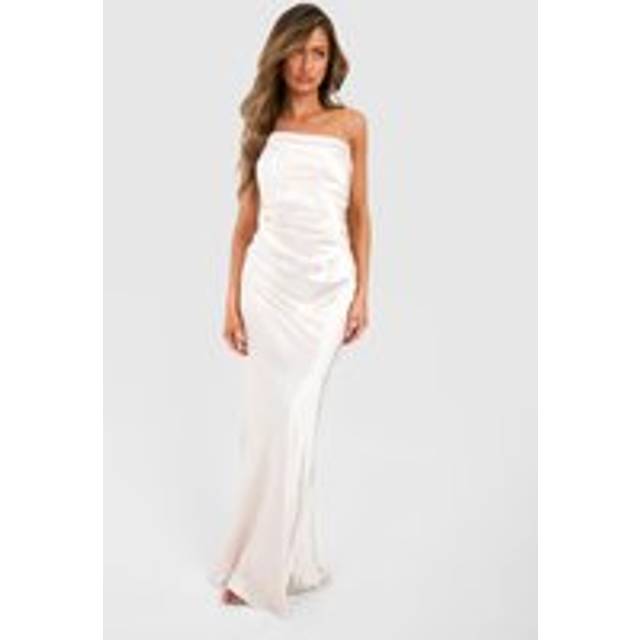 Womens Bridesmaid Satin Strappy Asymmetric Maxi Dress - White - 12