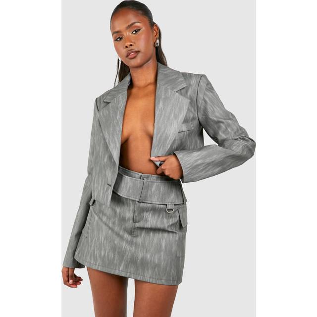 Womens Washed Leather Look Mid Rise Belted Mini Skirt - Grey - 8, Grey