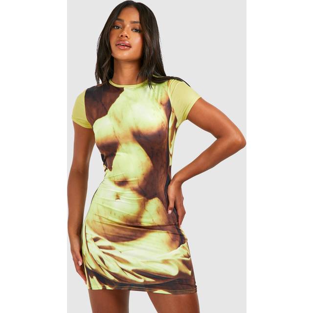 Womens Body Print Slinky Short Sleeve Bodycon Dress - Yellow - 14