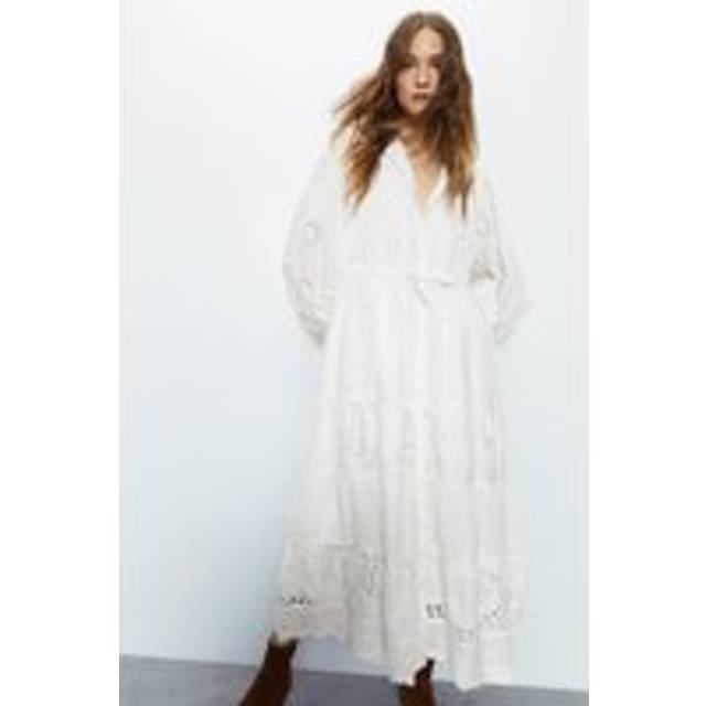 Womens Broderie Drawstring Waist Midi Dress - White - 14