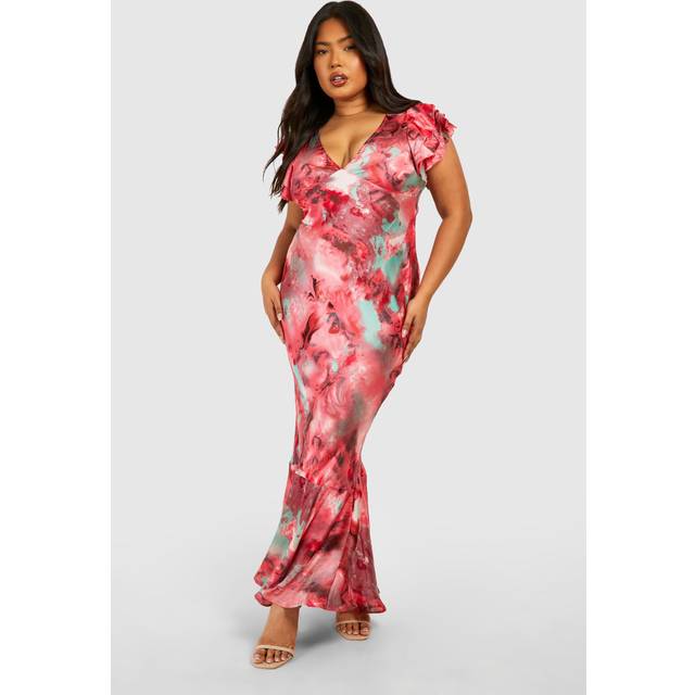 Womens Plus Marble Satin Ruffle Sleeve Maxi Dress - Pink - 24