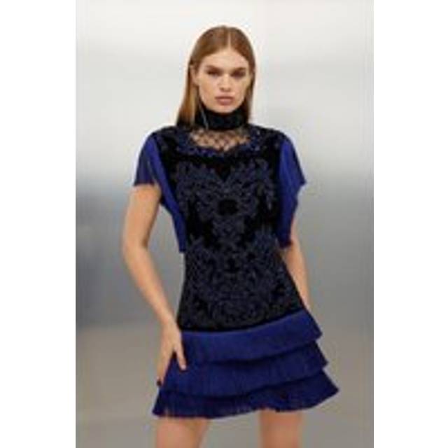 Velvet Baroque Fringe Woven Mini Dress - Blue