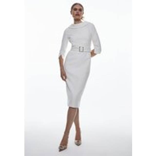 Tailored Structured Crepe Roll Neck Pencil Midi Dress - Ivory