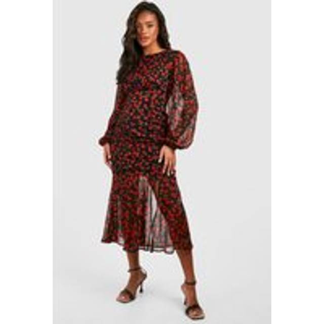Womens Cherry Print Lined Midaxi Dress - Red - 8, Red
