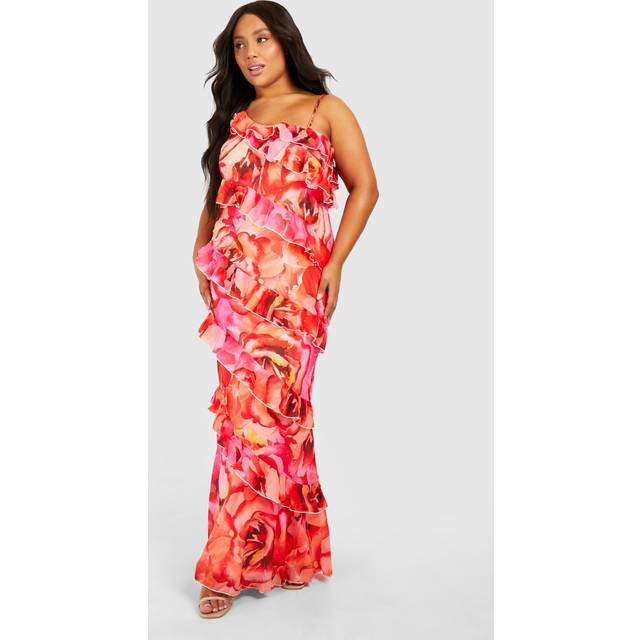 Womens Plus Floral Ruffle Asymmetric Maxi Dress - Pink - 26, Pink