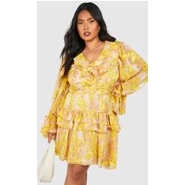 Womens Plus Floral Chiffon Ruffle Layer Skater Dress - Yellow - 28, Yellow