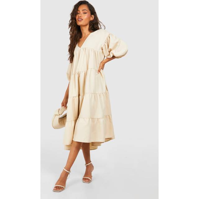 Womens Poplin V Neck Tiered Midi Smock Dress - Beige - 18