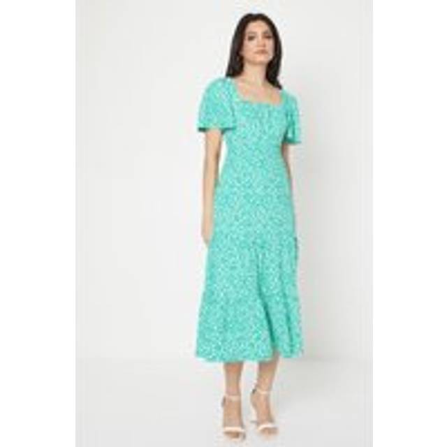 Womens Green Ditsy Square Neck Tiered Flutter Sleeve Jersey Midi Dress - 10