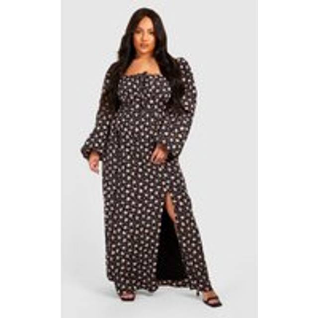 Womens Plus Ditsy Balloon Sleeve Milkmaid Maxi Dress - Black - 20, Black