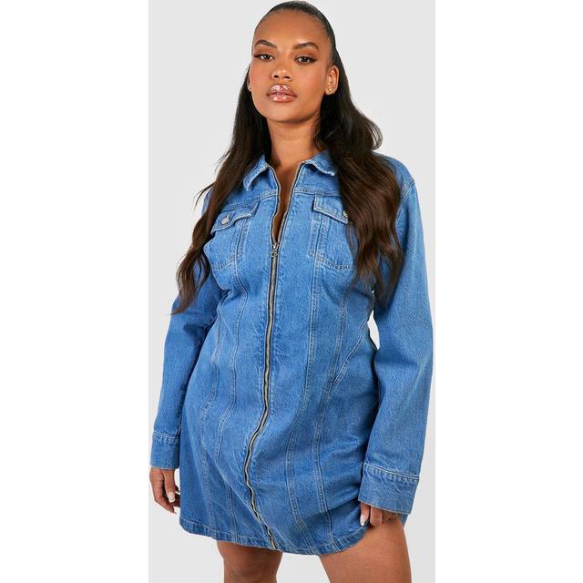 Womens Plus Denim Zip Up Shift Dress - Blue - 20