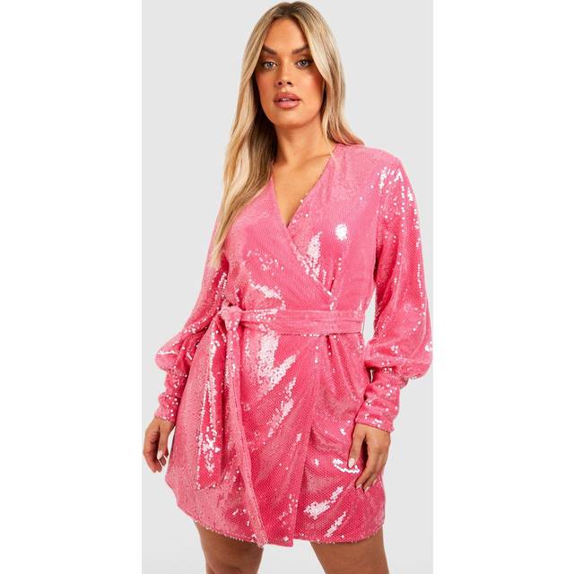 Womens Plus Sequin Wrap Dress - Hot Pink - 26