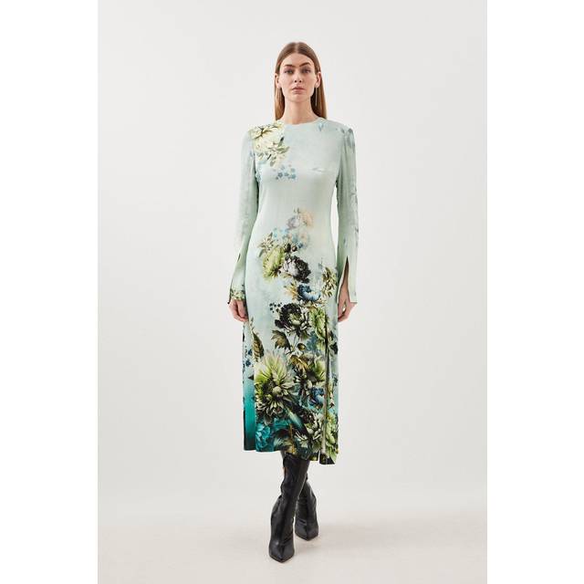 Garden Floral Woven Viscose Satin Midi Dress - Blue