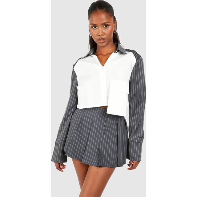 Womens Pinstripe Pleated Mid Rise Micro Mini Skirt - Grey - 14