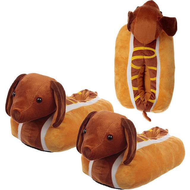 Hot dog dachshund novelty one size plush slippers with tags puk