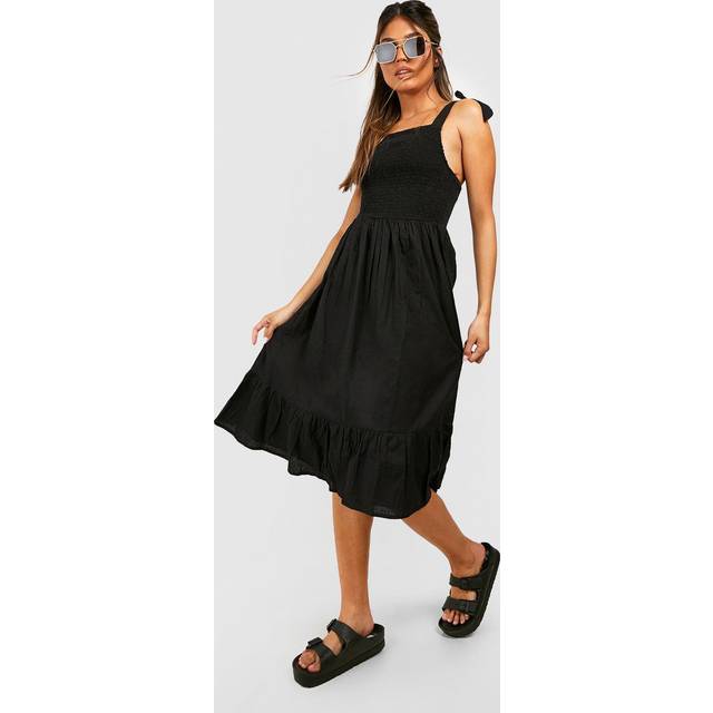 Womens Tie Strap Shirred Bust Cotton Midi Dress - Black - 16, Black