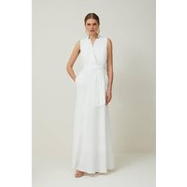 Premium Tailored Linen Notch Neck Belted Midaxi Dress - Ivory