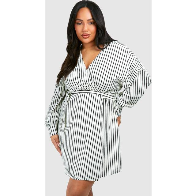 Womens Plus Stripe Wrap Belted Shirt Dress - White - 24, White