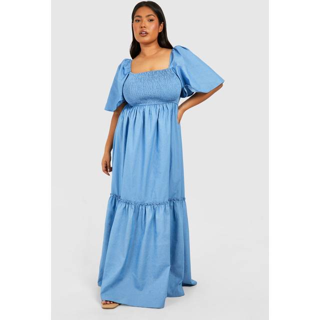 Womens Plus Chambray Puff Sleeve Midaxi Smock Dress - Blue - 16