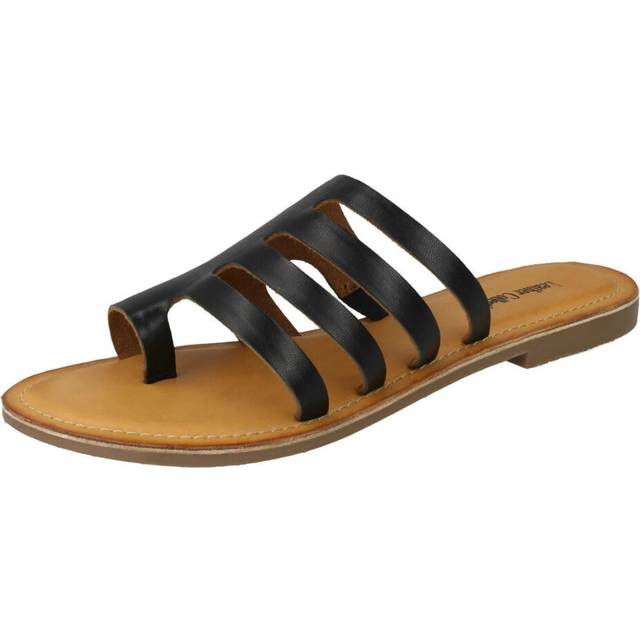 (UK 7, Black) Ladies Leather Collection Flat Strappy Sandals