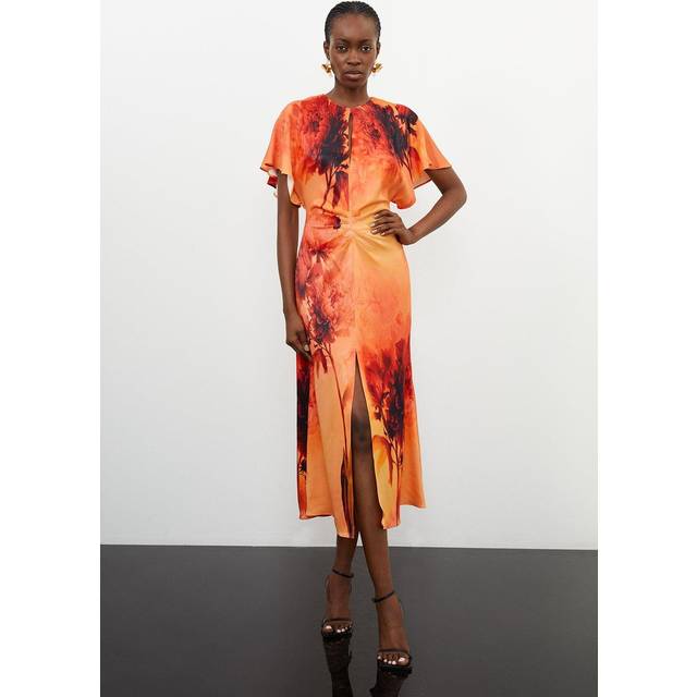 Floral Print Satin Crepe Woven Angel Sleeve Midi Dress - Orange