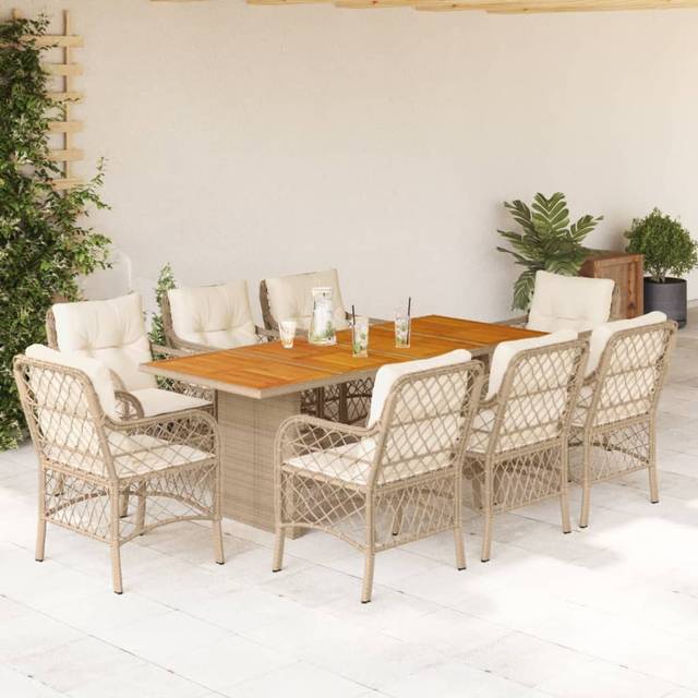 Matgrupp för trädgården med dynor 9 delar beige konstrotting