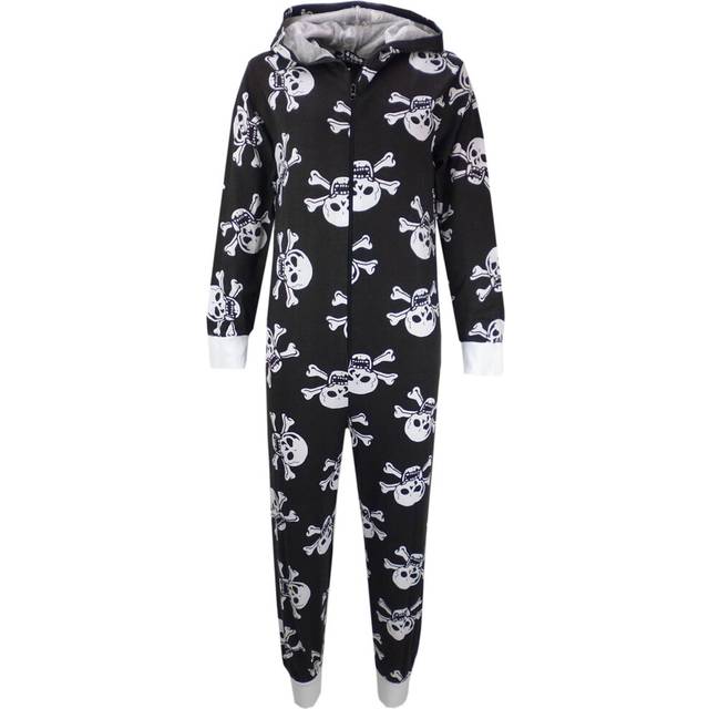 (5-6 Years, Black) Kids Girls Boys Skull & Cross Bone Onesie All In One Halloween Costume 5-13 Yrs