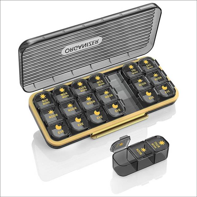 Pill Organizer , 7 Day Pill Box 3 Times A Day - Weekly Vitamin Box Organizer with 7 Separate Containers, Black