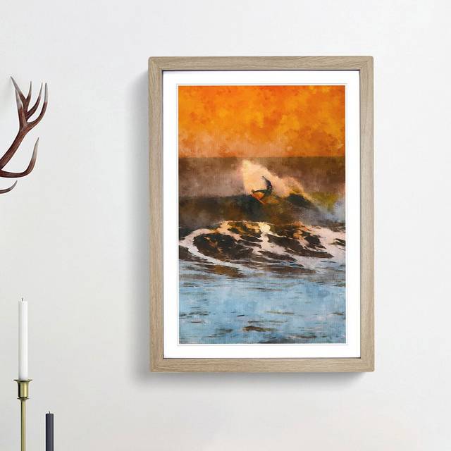 Surfing as the Sun Sets - Picture Frame Painting Print - Oak Framed (87cm H x 62cm W x 2cm D)