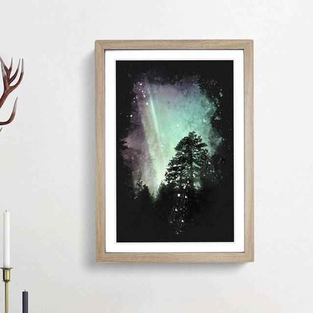 Northern Lights over the Forest - Picture Frame Graphic Art Print - Oak Framed (33cm H x 24cm W x 2cm D)