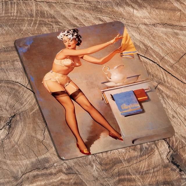Pin Up Girl In Bathroom Metal Personalised Art Wall Sign - Blue;Brown;White (40cm H x 28cm W)